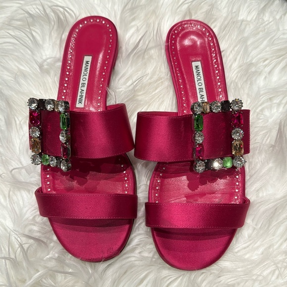 Manolo Blahnik Shoes - Manolo Blahnik dark pink double strap satin sandals with jewel buckle size 41